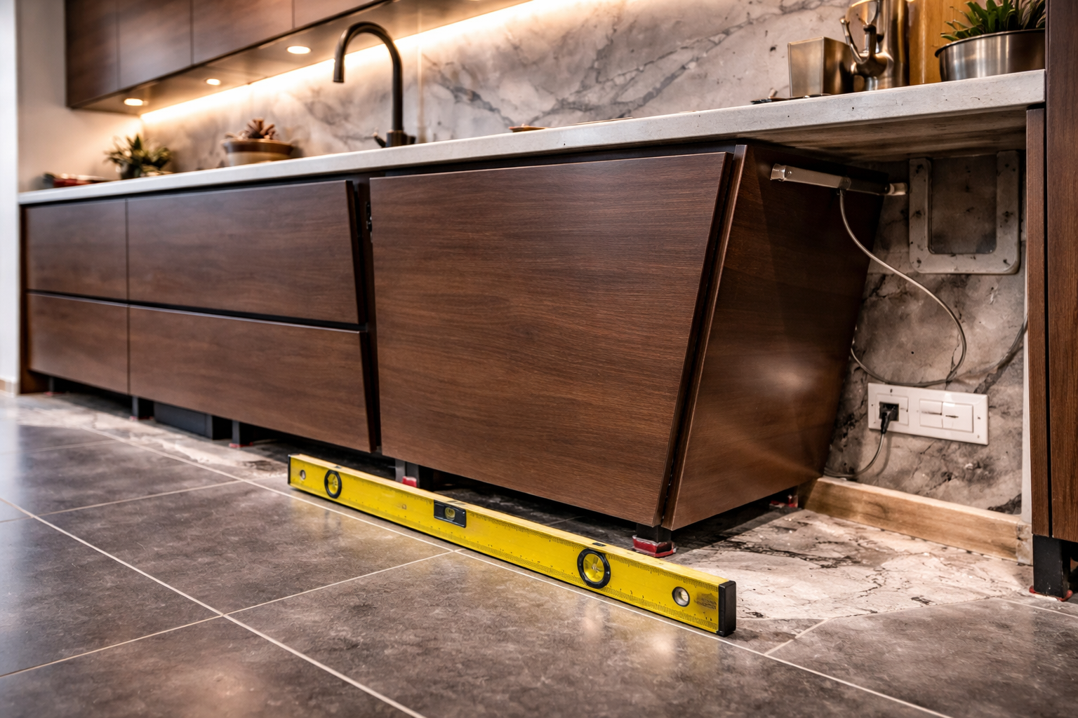 Kitchen fitting error caused by uneven floor leading to misaligned cabinets Luxury kitchen base cabinets installed unevenly on sloping floor, visible gaps under plinths and spirit level showing imbalance during modern kitchen installation.
