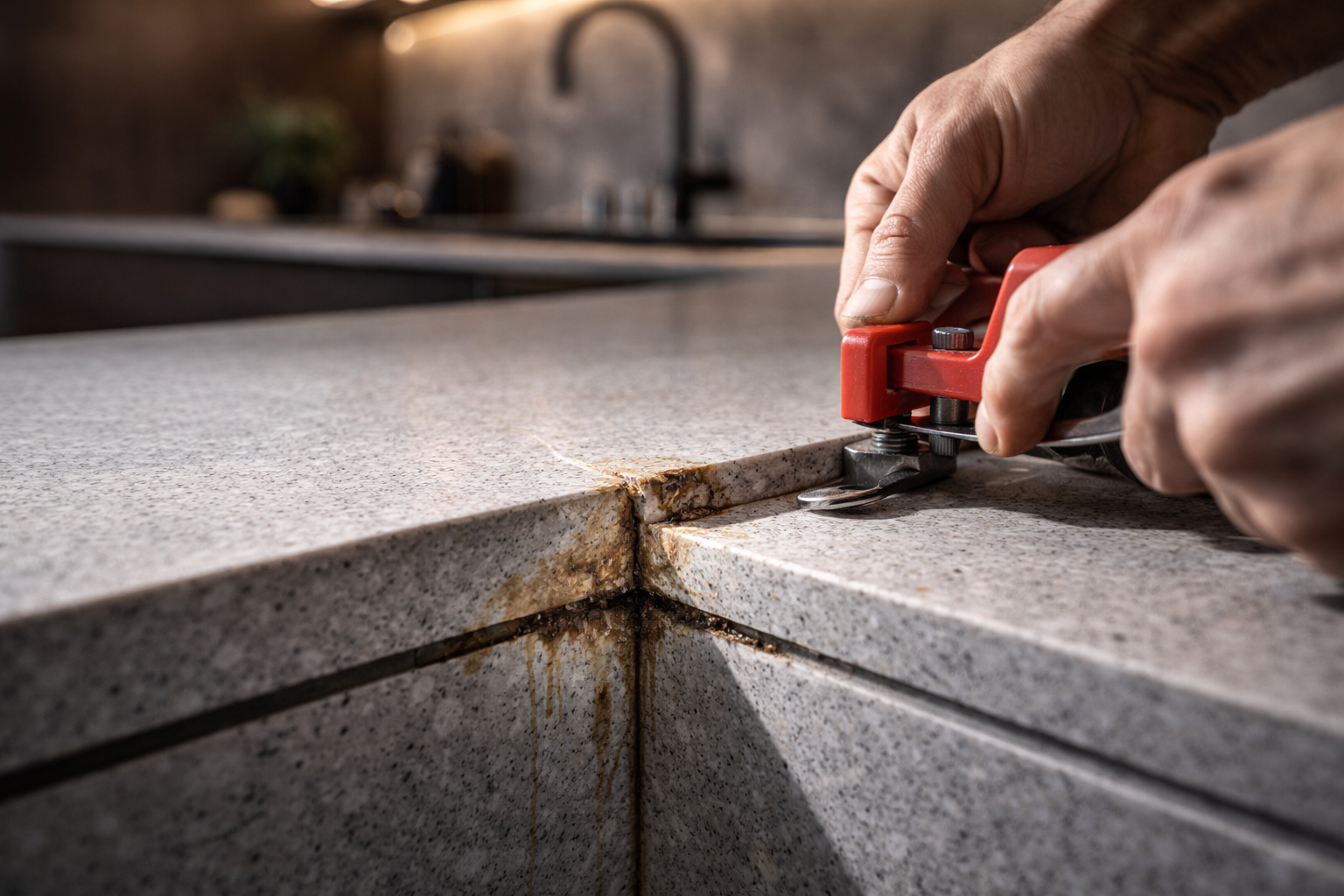 Incorrect worktop joint installation causing gaps and water damage in modern kitchen Close-up of poorly fitted quartz kitchen worktop joint with visible gap and water damage stains while installer attempts seam adjustment during kitchen installation.