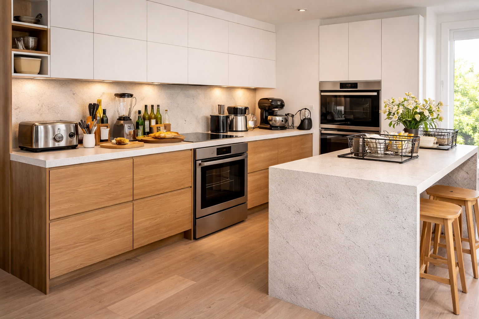 Kitchen design mistake with insufficient storage causing cluttered worktop space Modern stylish kitchen with cluttered countertops full of small appliances and utensils due to limited wall cabinet storage in contemporary interior design.
