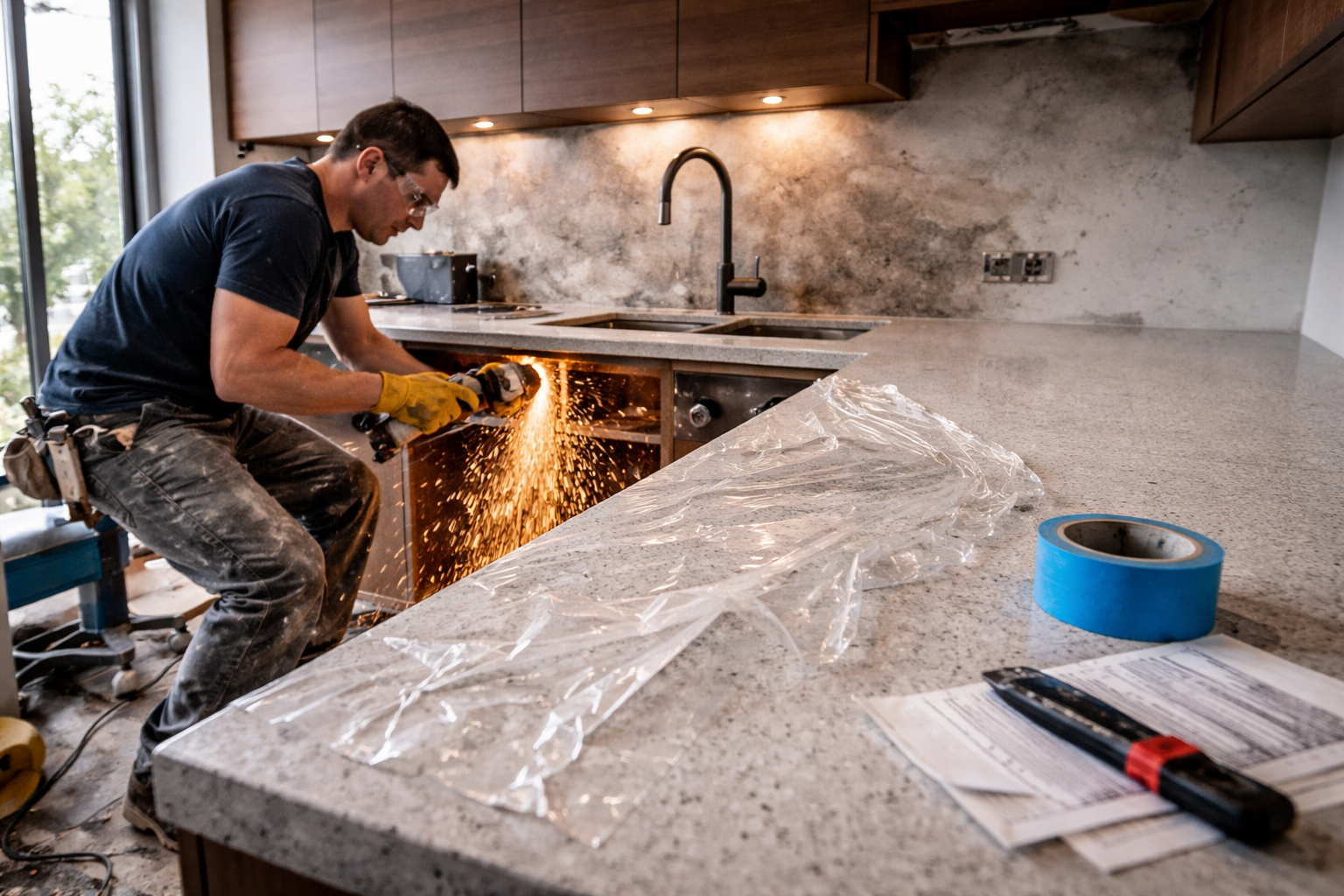 Incorrect kitchen installation sequence causing worktop damage during plumbing work Tradesperson cutting pipes with power tool next to newly installed kitchen worktop, protective film torn and dust damaging modern kitchen surface during renovation.