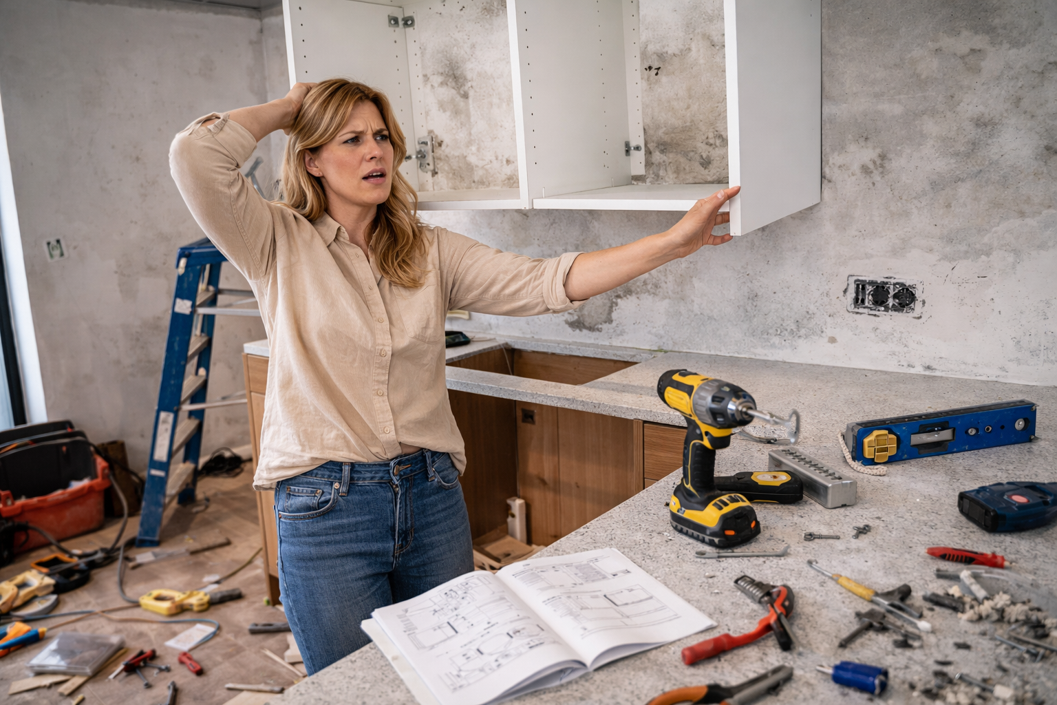 DIY kitchen fitting mistake causing misaligned wall cabinets and installation chaos Stressed homeowner attempting DIY kitchen cabinet installation with crooked wall unit, scattered tools and instruction manual visible in unfinished kitchen renovation.