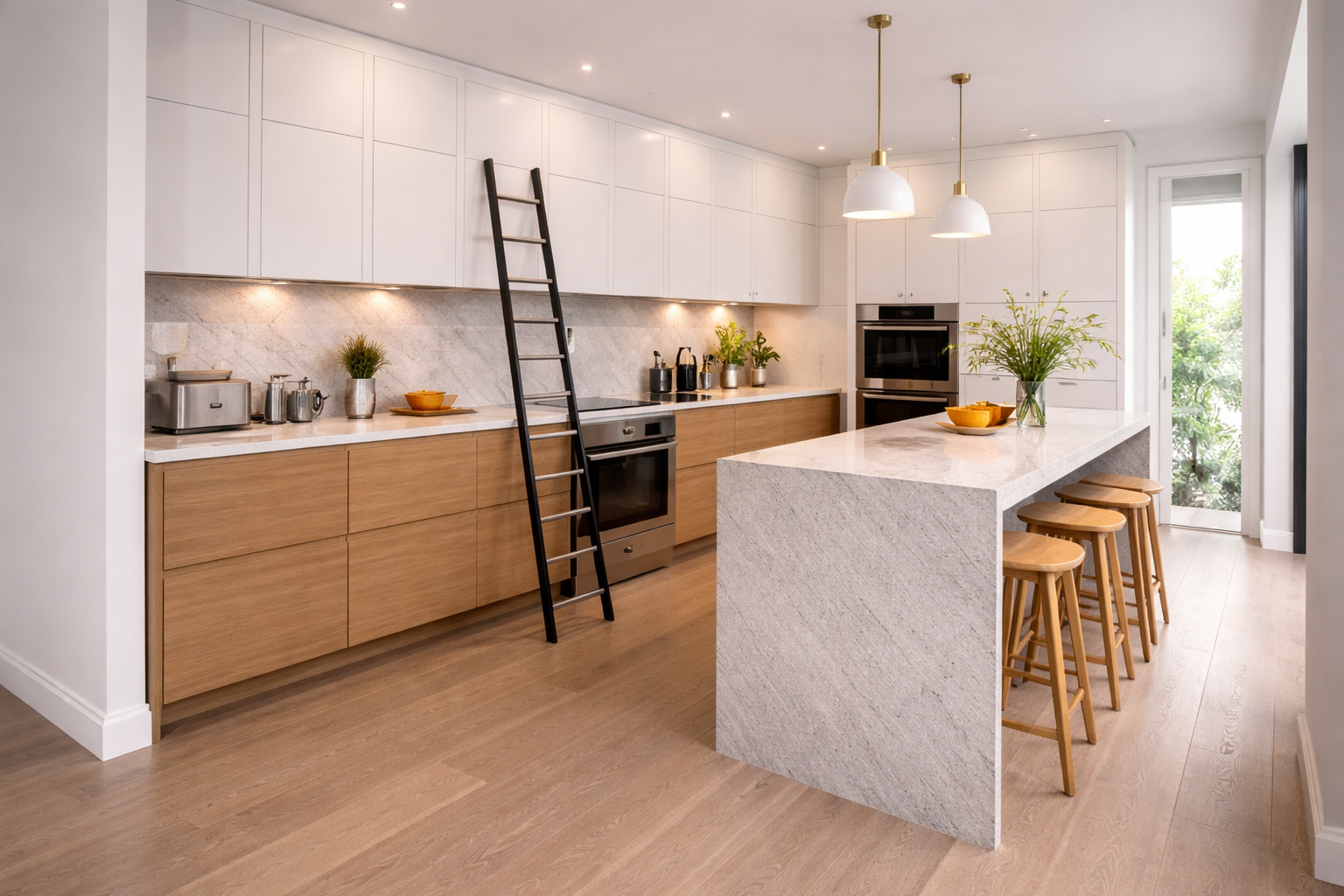 Luxury kitchen design mistake prioritising aesthetics over practical usability Ultra-modern luxury kitchen with very high wall cabinets requiring ladder access and narrow walkway around island, stylish but impractical interior layout.