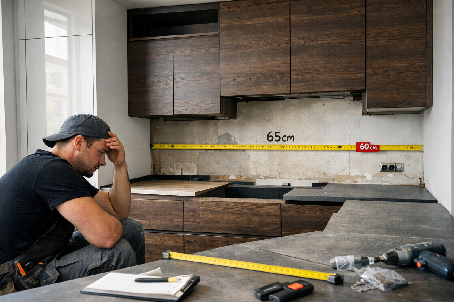 Kitchen fitting mistake – incorrect measurements causing cabinet installation problems Frustrated kitchen fitter sitting in unfinished modern kitchen with dark wood cabinets, incorrect wall measurements marked on wall, tools and worktop pieces scattered during installation.