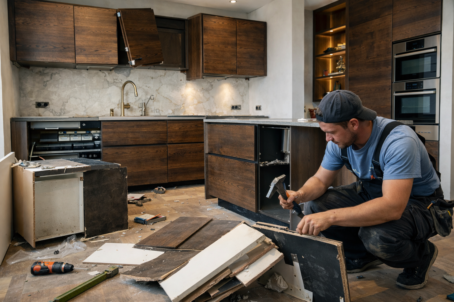 Poor kitchen installation workmanship causing damaged cabinets and renovation mess Kitchen installer struggling with damaged cabinet units and messy installation site in a modern dark wood kitchen, tools and broken panels scattered across the floor.
