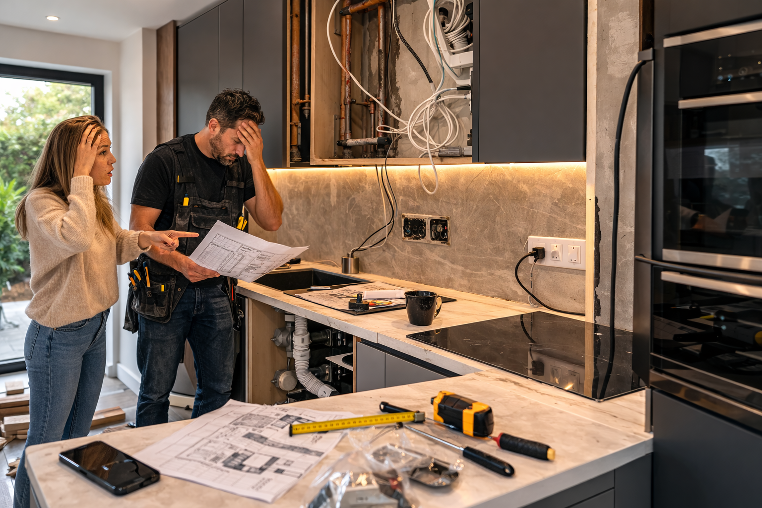 Kitchen fitting planning mistake with poorly positioned plumbing and electrical points Concerned homeowner discussing kitchen installation problems with contractor, exposed pipes and electrical wiring visible above unfinished worktop in modern kitchen renovation.