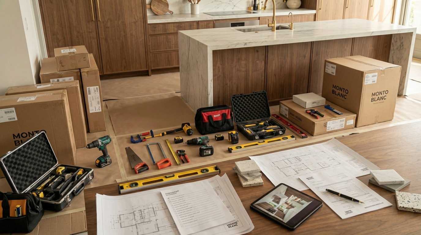 Neatly arranged installation tools and boxed cabinetry components beside protective floor coverings in a high end home.