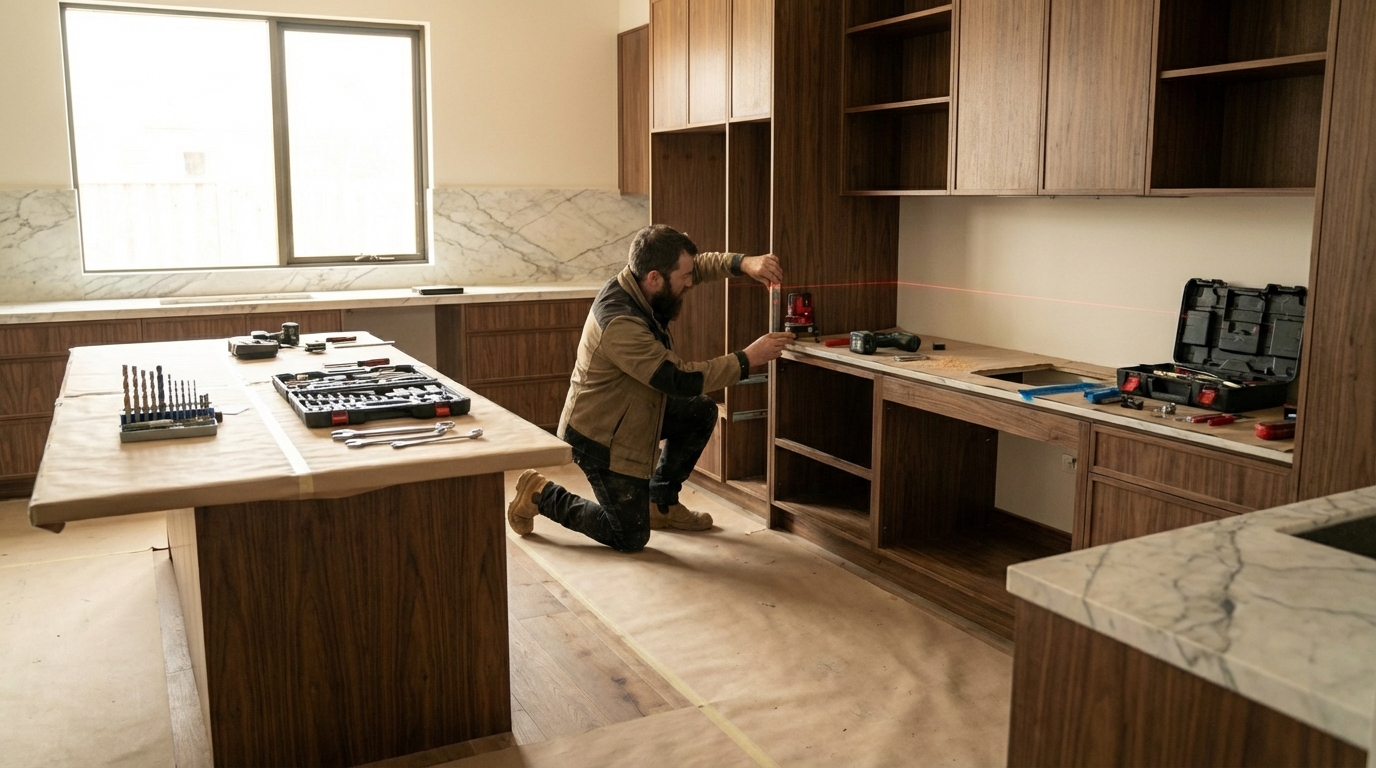 Spotless kitchen installation area with floor protection sheets and neatly placed tools in bright natural light.