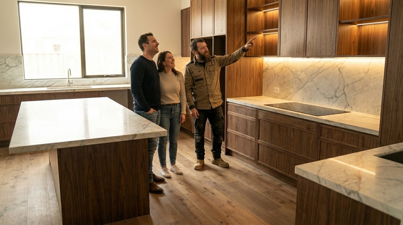 Installer showing the finished luxury kitchen to happy clients, pointing out lighting and cabinetry details.
