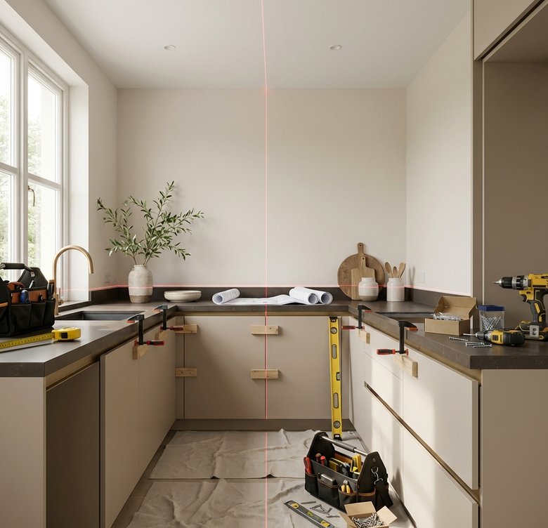 Kitchen installation in progress with laser level and cabinets being precisely aligned