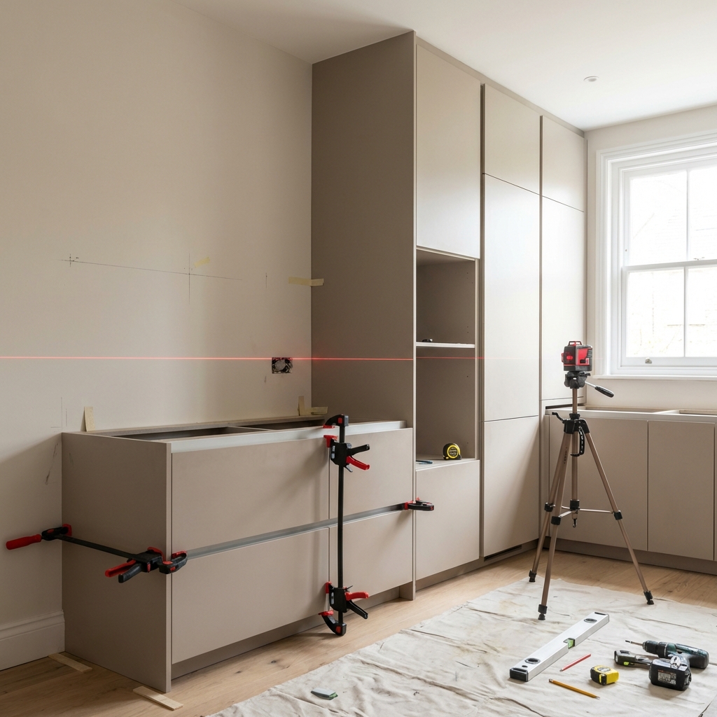 Kitchen cabinets being set out with a laser level for accurate, straight installation