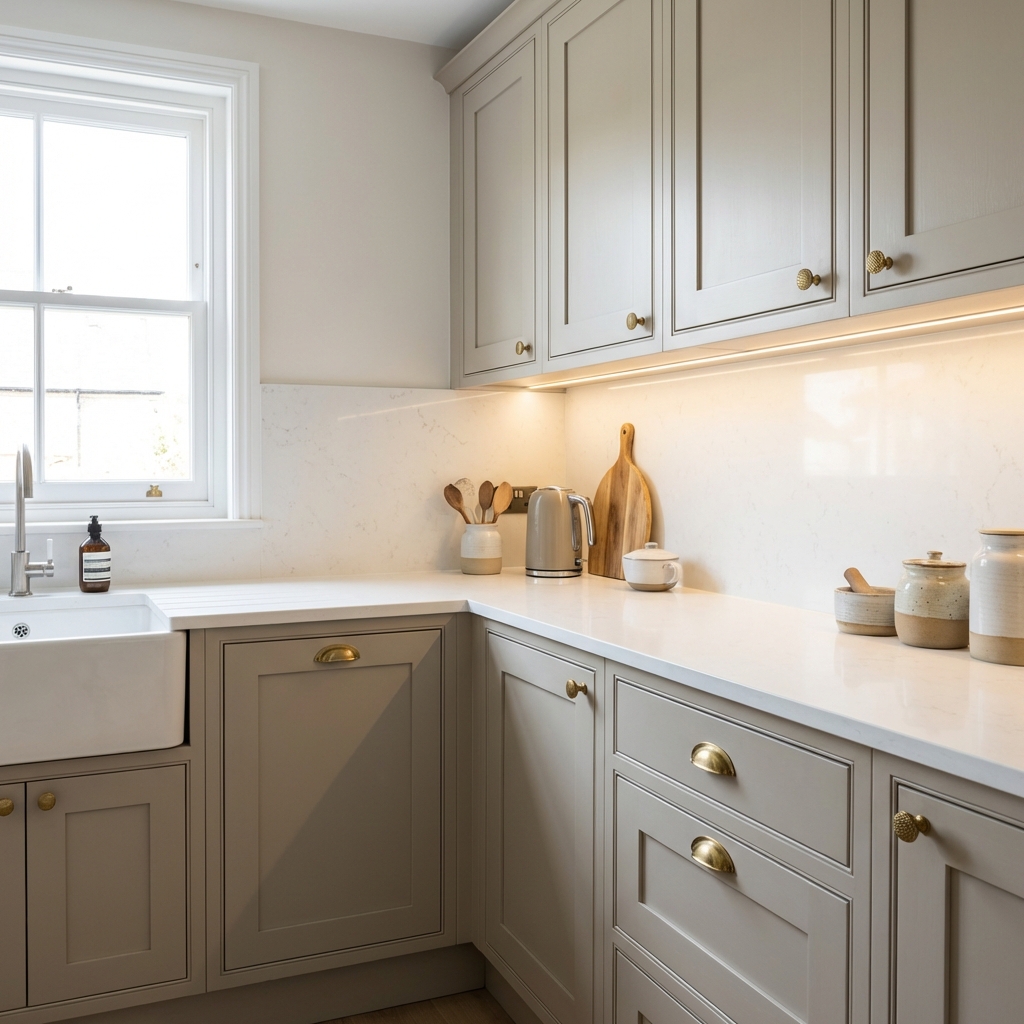 Kitchen upgrade showing refreshed cabinetry, new worktop and improved lighting