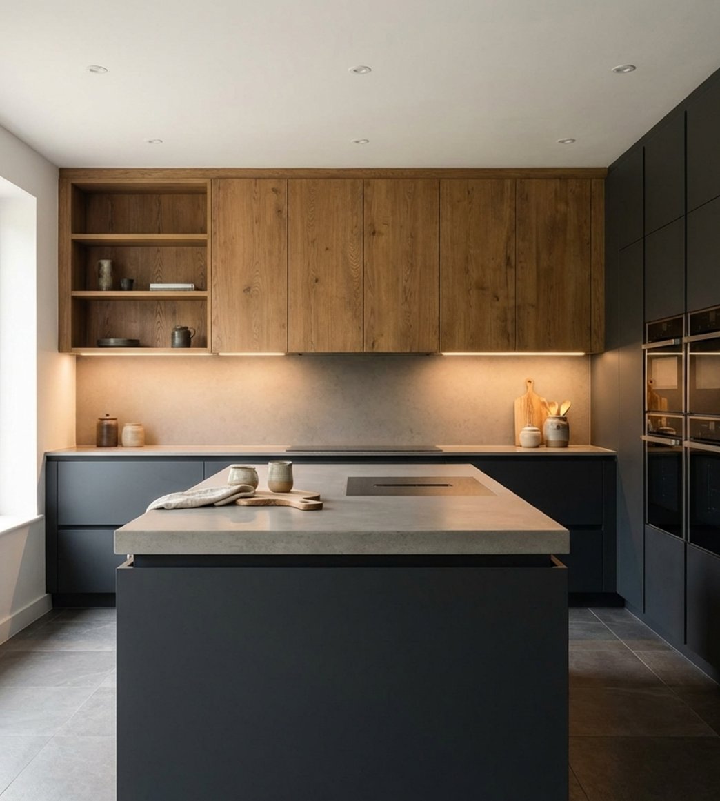Dark modern kitchen with window on the left and tall cabinetry on the right, finished with precise detailing