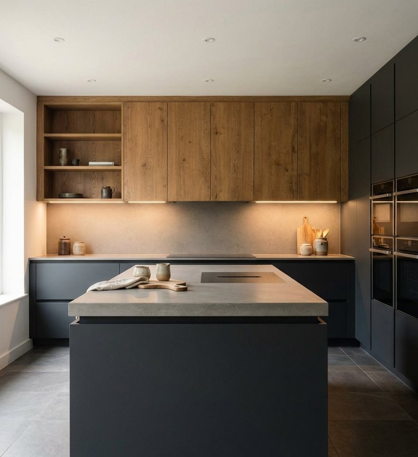 Dark modern kitchen with window on the left and tall cabinetry on the right, finished with precise detailing